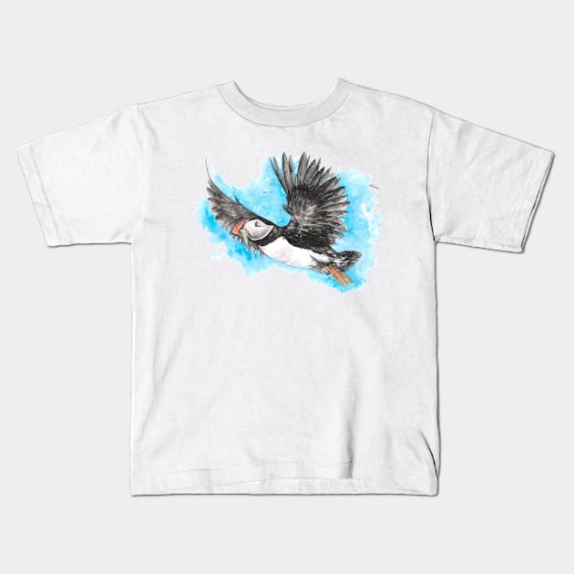 Atlantic Puffin in Flight Kids T-Shirt by MoanaMatron